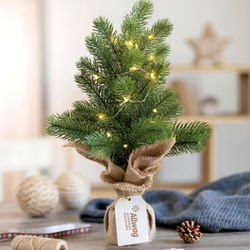 Mini artificial Christmas Tree with string lights and a branded wooden label