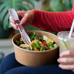 Recycled spork being used to eat lunch