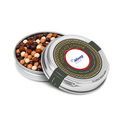 Chocolate pearls in a silver caviar tin 