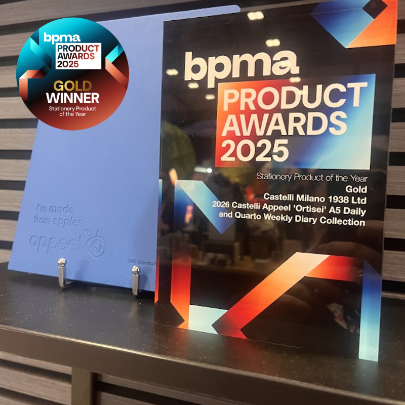 Castelli A5 daily diary displayed beside BPMA Product Awards 2025 Gold Winner trophy for stationery product of the year.