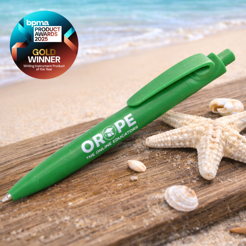 Award-winning seashell ball pen made from repurposed shell waste and recycled plastic, branded promotional pen.