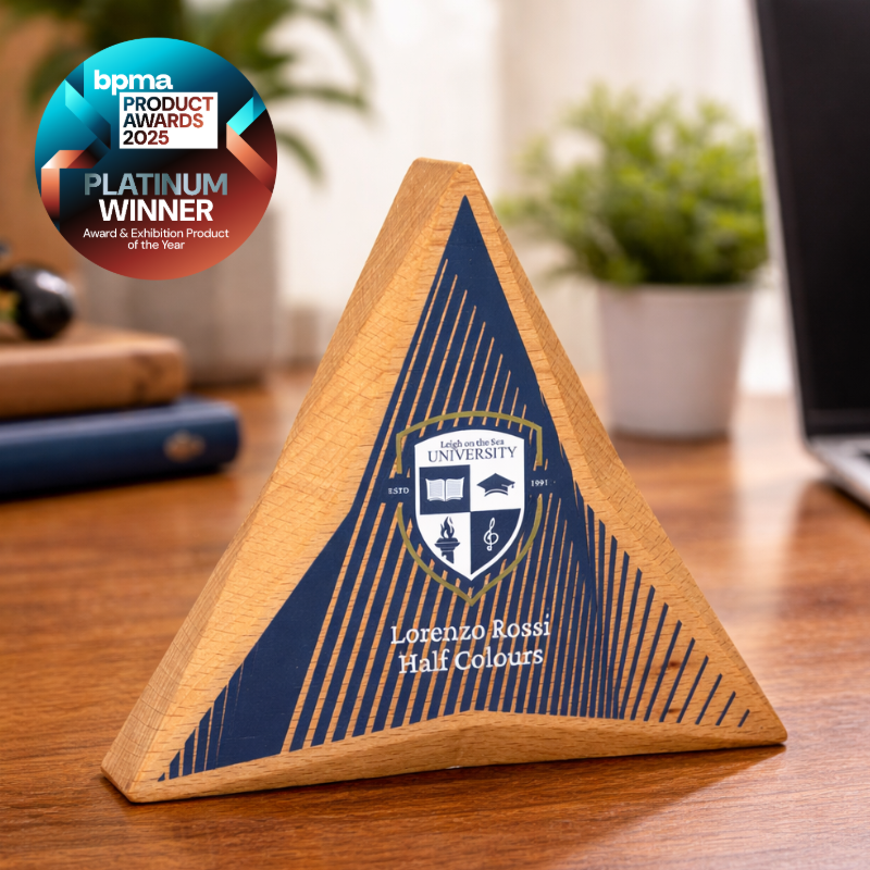 Wooden faceted award trophy, BPMA Product Awards 2025 Platinum Winner, premium promotional award made in the UK.