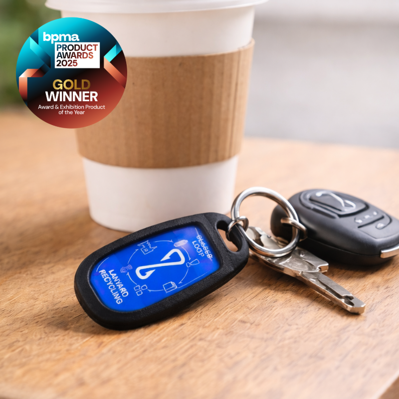 Recycled RPET keyring made from reused event lanyards, Gold Winner promotional merchandise at the BPMA Product Awards 2025.