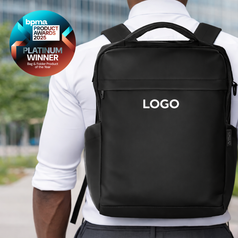 Recycled black backpack with printed logo, Platinum Winner at the BPMA Product Awards 2025 for branded bags and folders.