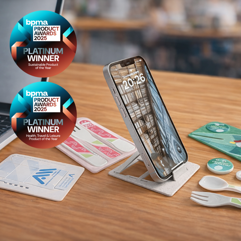 WalletMate collection of compact wallet-sized tools, Platinum Winner at the BPMA Product Awards 2025 for sustainable promotional products.