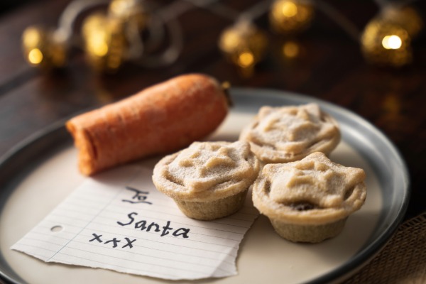 A traditional mince pie dusted with powdered sugar, surrounded by holiday decorations.