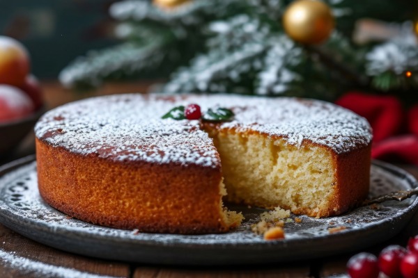 Greek Vasilopita cake dusted with powdered sugar, traditionally baked with a hidden lucky coin inside.