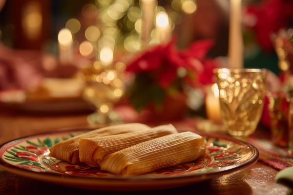 Traditional Mexican Christmas tamales wrapped in corn husks, freshly steamed and ready to serve.