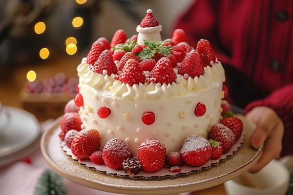 Japanese Strawberry Christmas Cake decorated with fresh strawberries, whipped cream and festive toppings.