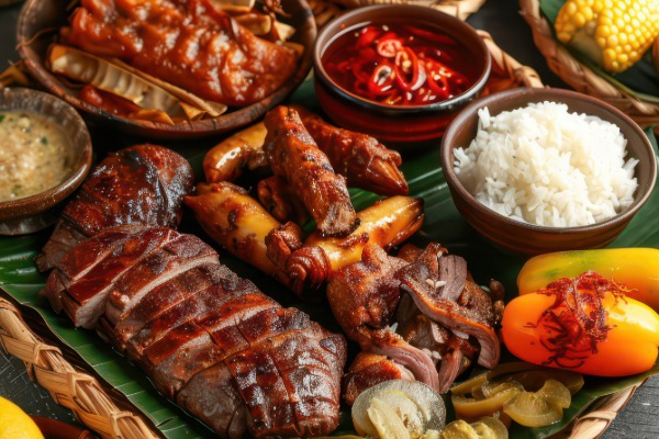 Filipino Christmas feast featuring a whole roasted lechon surrounded by traditional festive dishes.