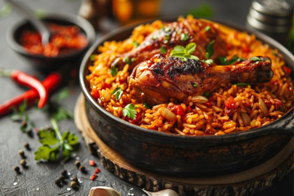 African festive Jollof rice served with seasoned chicken.