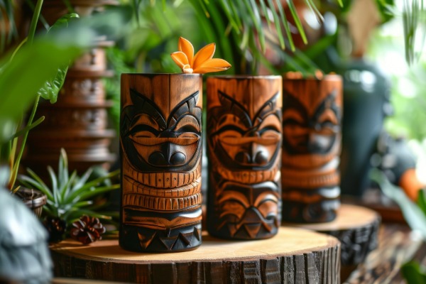 Polynesian tiki glasses decorated with tropical motifs, perfect for festive holiday drinks.