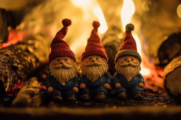 Figurines of the Icelandic Yule Lads arranged in front of a glowing fireplace