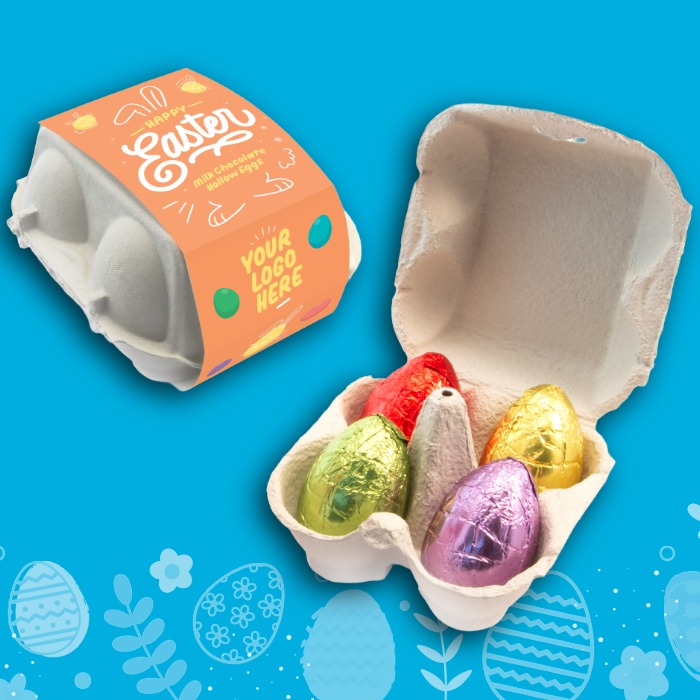 Custom branded Easter egg box featuring hollow milk chocolate eggs for client appreciation