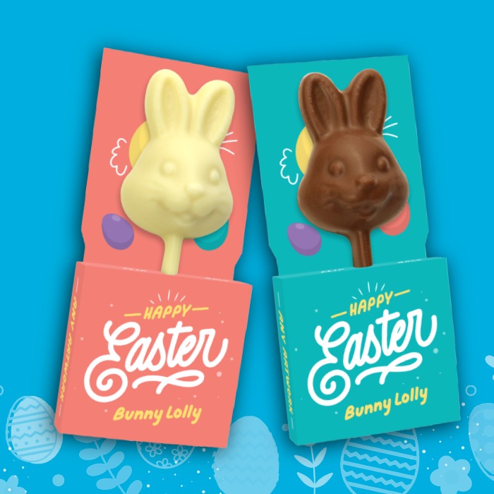 Milk chocolate bunny lolly with custom branded box for high-volume corporate Easter giveaways