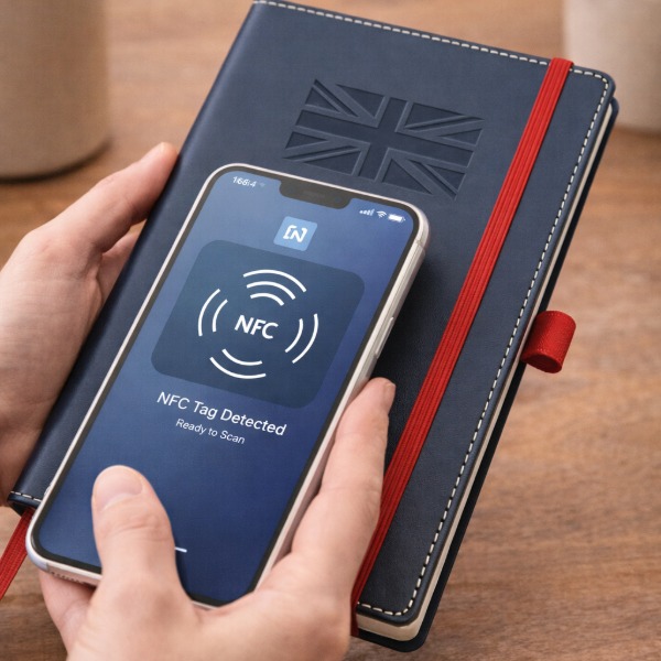 Smartphone tapping a branded notebook to trigger an NFC digital interaction