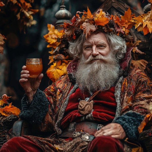 The Celtic Holly King, a mythical figure wearing a crown of holly and seasonal attire.