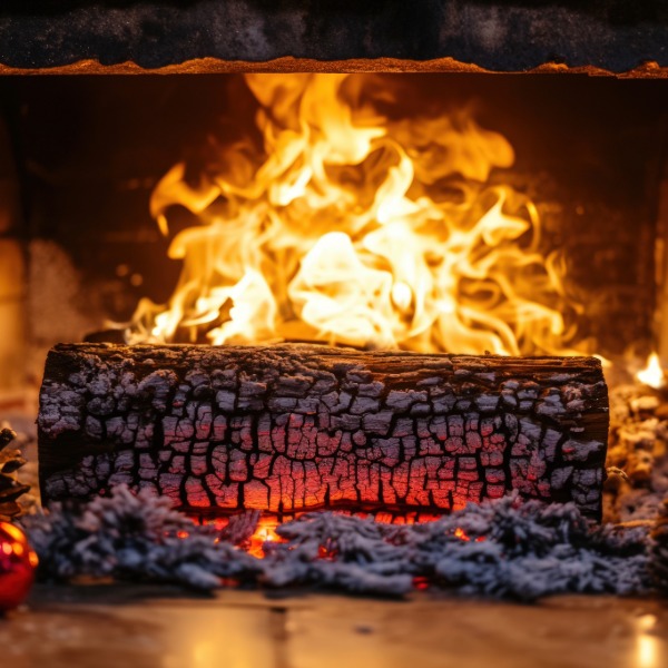 A traditional Yule log burning warmly in a fireplace during the holiday season.