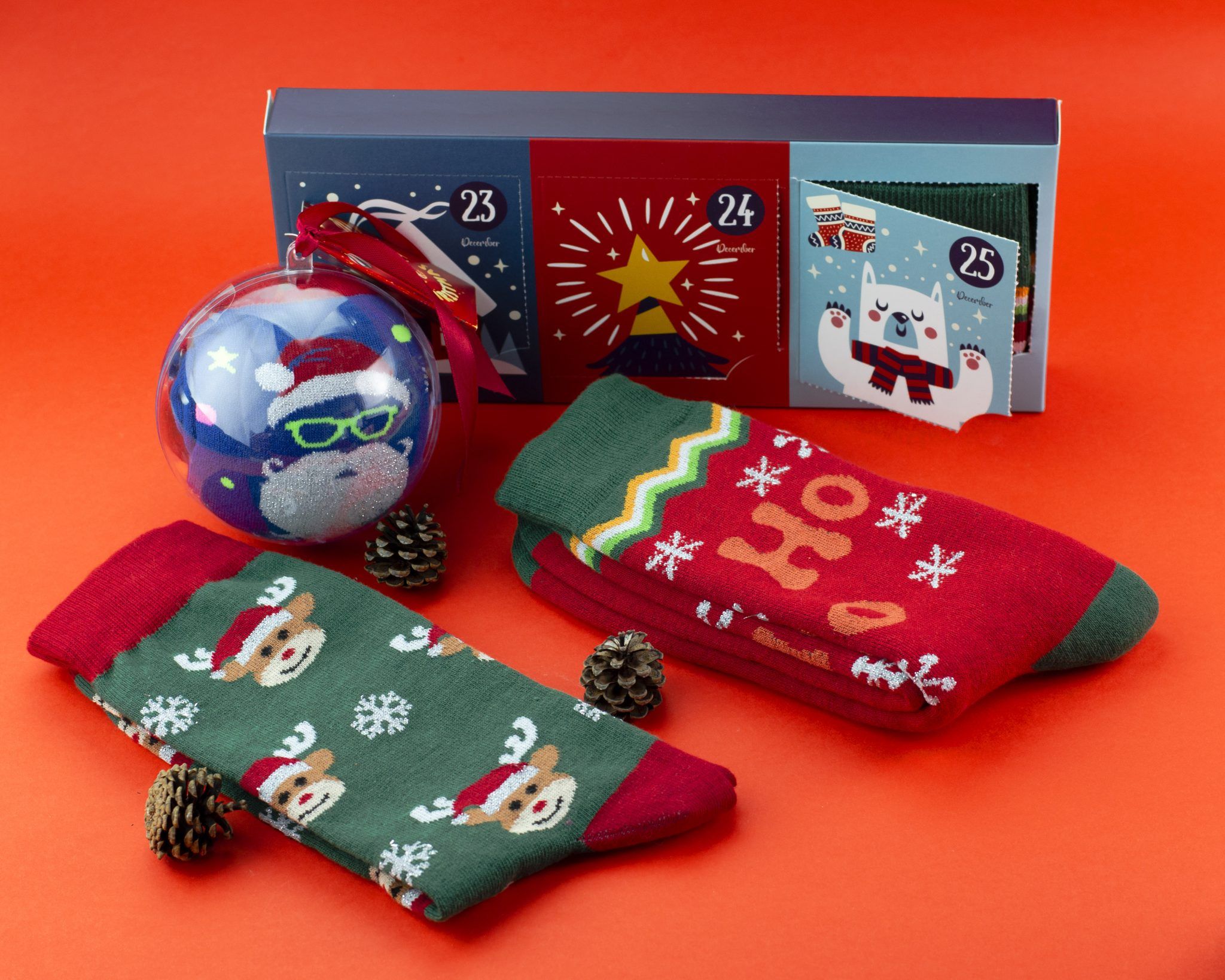 Christmas socks, bauble with Christmas socks and a mini advent calendar