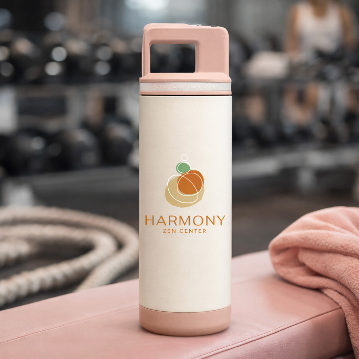 Branded reusable bottle in gym.