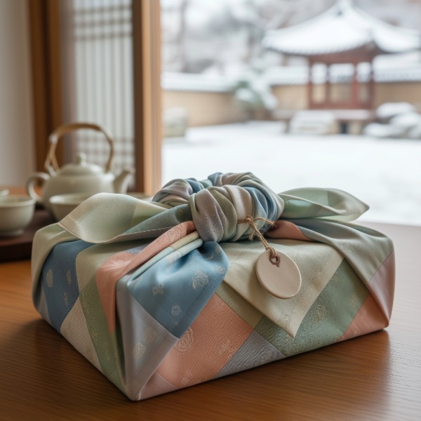 Gift wrapped in a traditional Korean bojagi cloth, with the fabric elegantly folded and tied into a decorative knot.