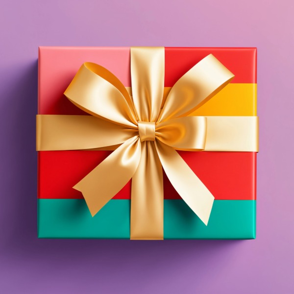 Bright red and yellow gift wrapped with a shiny gold ribbon, creating a festive and cheerful presentation.