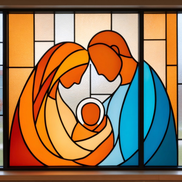 Stained glass depiction of Mary, Joseph, and baby Jesus in a nativity scene, featuring vibrant colours and intricate details.