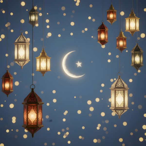 Decorative lights often used in Muslim celebrations, glowing warmly to create a festive and spiritual atmosphere.