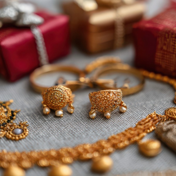 Hindu jewelry displayed alongside red gift boxes, highlighting intricate designs and festive presentation.