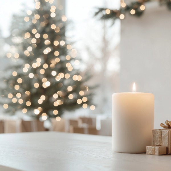 Indoor Christmas scene with a twinkling decorated tree and a lit pillar candle, creating a cosy holiday atmosphere.