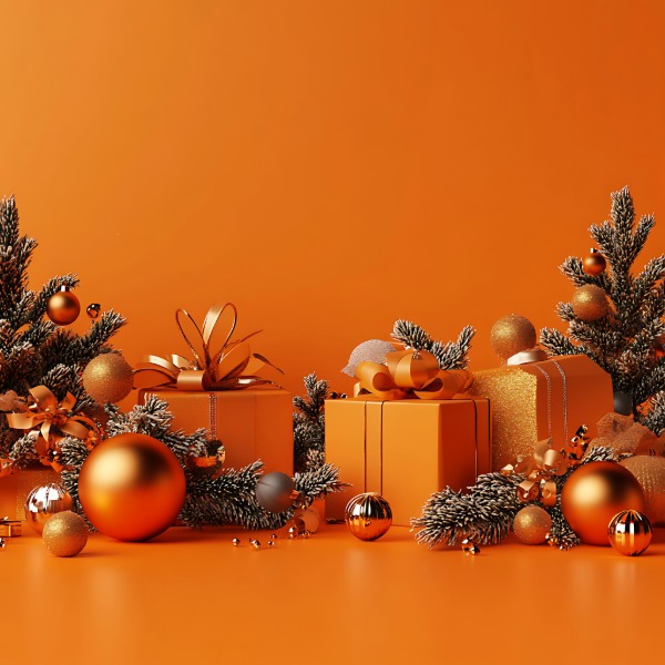 Orange gifts decorated with festive baubles, arranged for a cheerful holiday display.