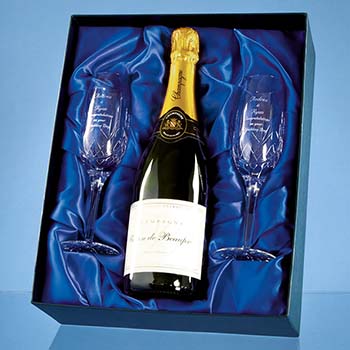 Double Champagne Flute Gift Set with a 75cl Bottle of Brut House Champagne