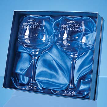 2 Diamante Gin Glasses with Spiral Design Cutting in an attractive Gift Box