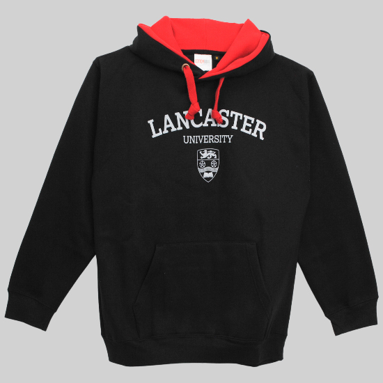 Lancaster University Crest Hoodie Black/Red inner hood 